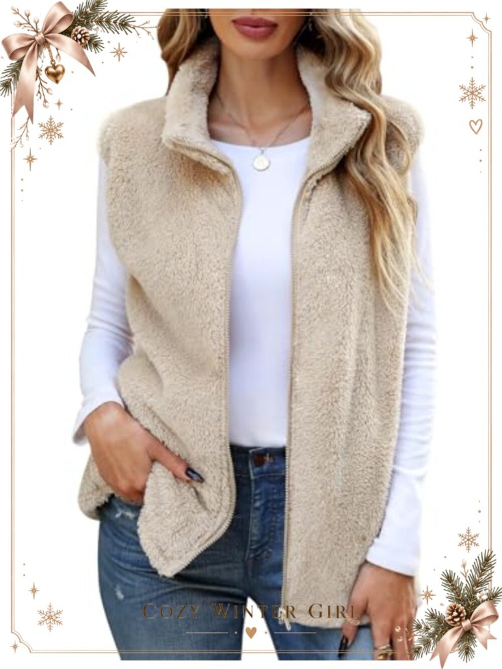 Women's Fleece Vest Lightweight Sherpa Zip Up Sleeveless Jacket with Pockets